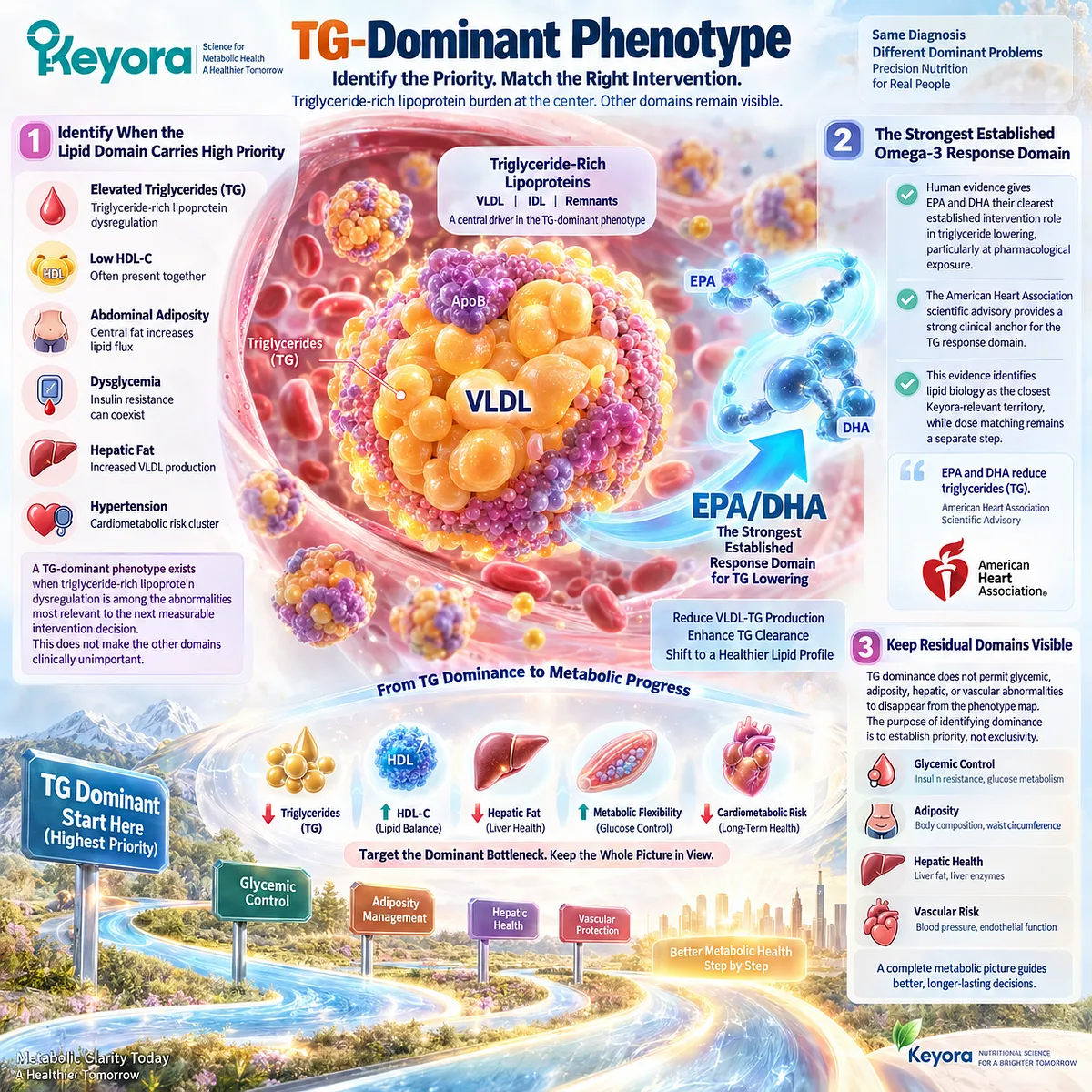 High triglycerides prioritize TG-VLDL lipoprotein biology, the strongest established EPA/DHA response domain, within the Keyora TG-Dominant Metabolic Phenotype. High triglycerides prioritize TG-VLDL lipoprotein biology, the strongest established EPA/DHA response domain, within the Keyora TG-Dominant Metabolic Phenotype.