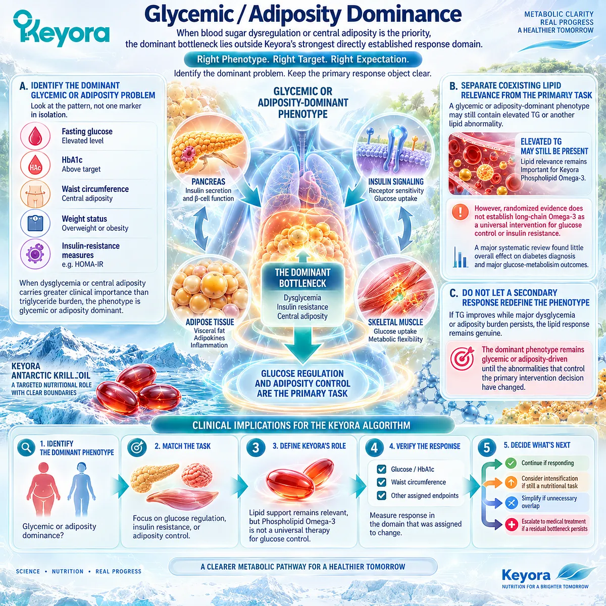 Dysglycemia and central adiposity can outweigh TG burden, keeping glucose regulation as the primary response target in the Keyora Glycemic-Adiposity Dominant Phenotype. Dysglycemia and central adiposity can outweigh TG burden, keeping glucose regulation as the primary response target in the Keyora Glycemic-Adiposity Dominant Phenotype.