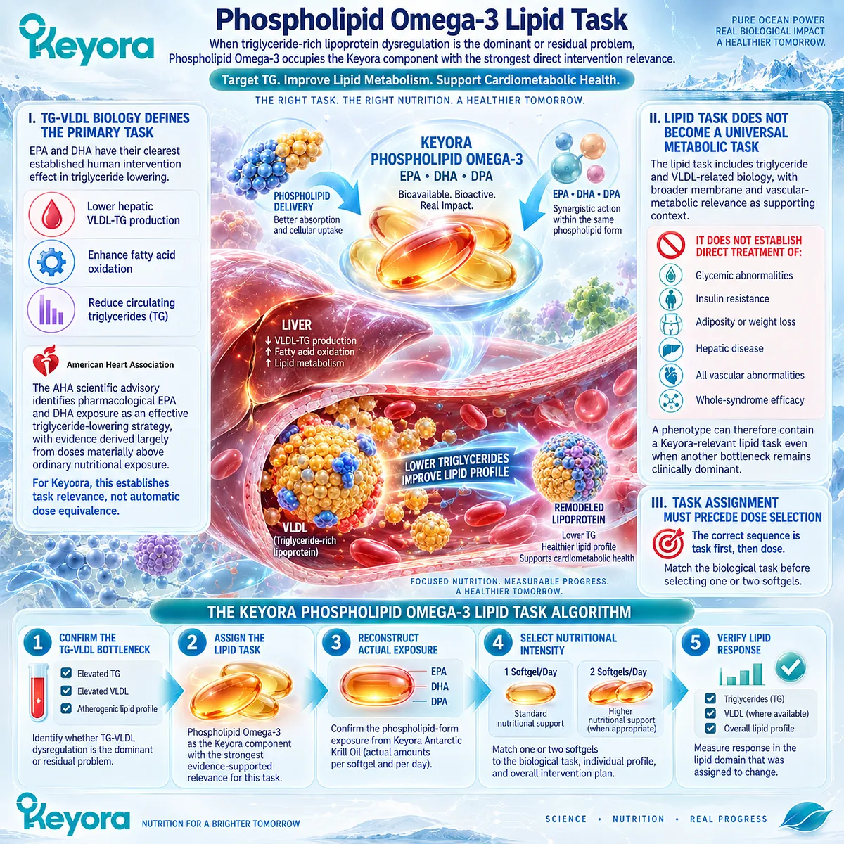 Phospholipid Omega-3 aligns EPA/DHA with TG-VLDL metabolism and triglyceride support before dose selection in the Keyora Phospholipid Omega-3 Lipid Task. Phospholipid Omega-3 aligns EPA/DHA with TG-VLDL metabolism and triglyceride support before dose selection in the Keyora Phospholipid Omega-3 Lipid Task.