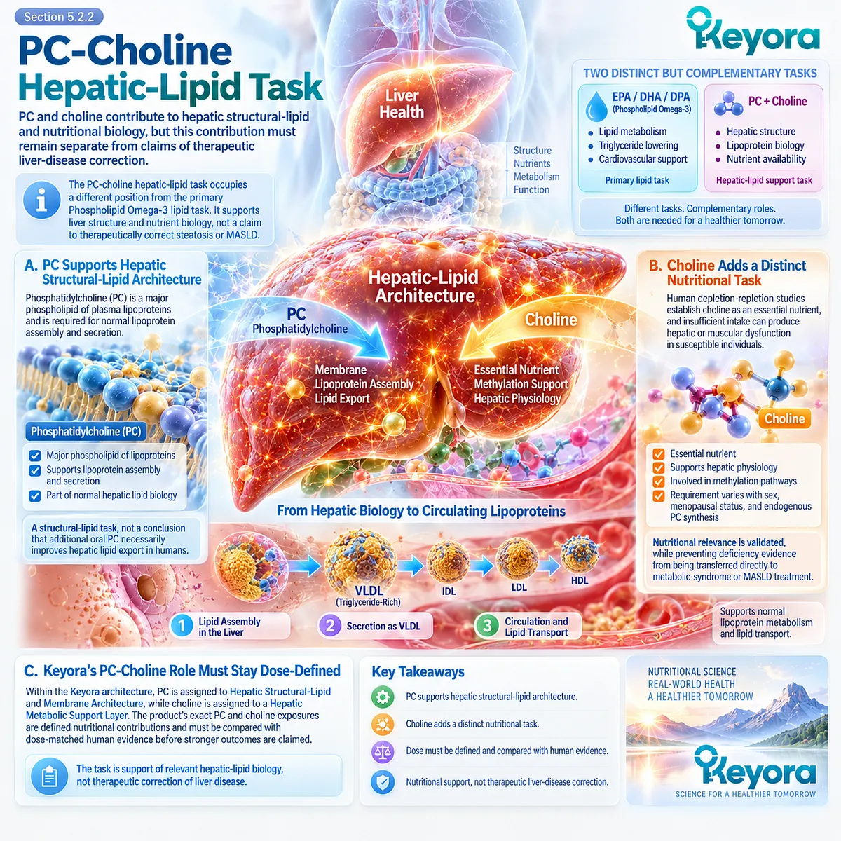 PC and choline support hepatic membrane, lipoprotein assembly and nutrient biology without implying liver-disease correction in the Keyora PC-Choline Hepatic-Lipid Task. PC and choline support hepatic membrane, lipoprotein assembly and nutrient biology without implying liver-disease correction in the Keyora PC-Choline Hepatic-Lipid Task.