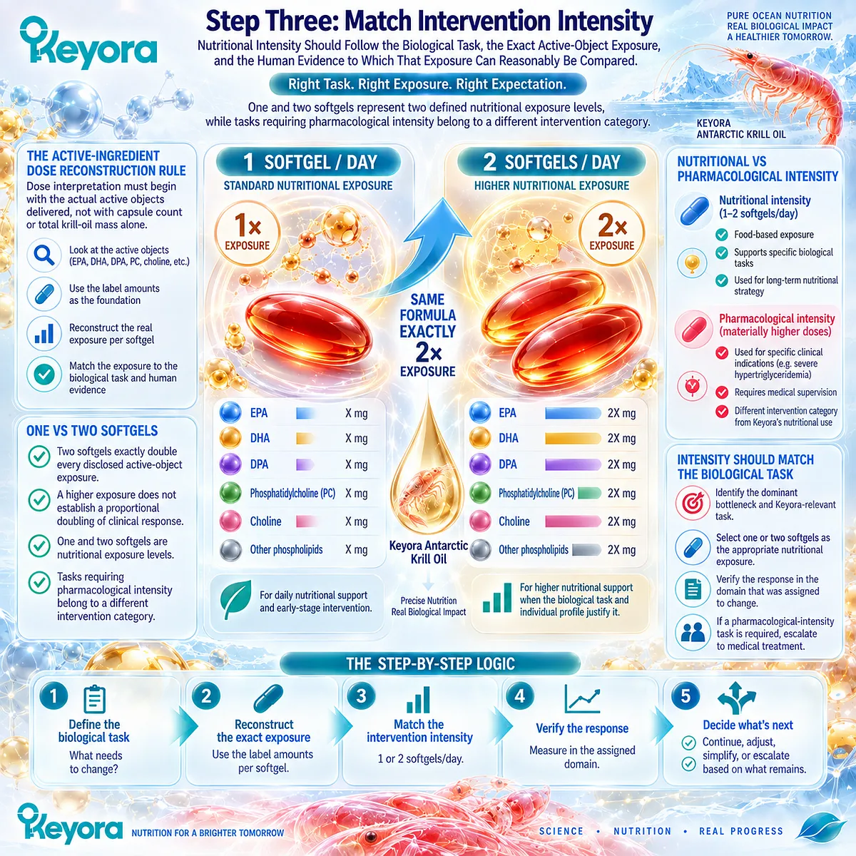 Krill oil dose matching compares one versus two softgels by Phospholipid Omega-3, EPA/DHA/DPA and PC-choline exposure using the Keyora Active-Ingredient Dose Reconstruction Rule. Krill oil dose matching compares one versus two softgels by Phospholipid Omega-3, EPA/DHA/DPA and PC-choline exposure using the Keyora Active-Ingredient Dose Reconstruction Rule.