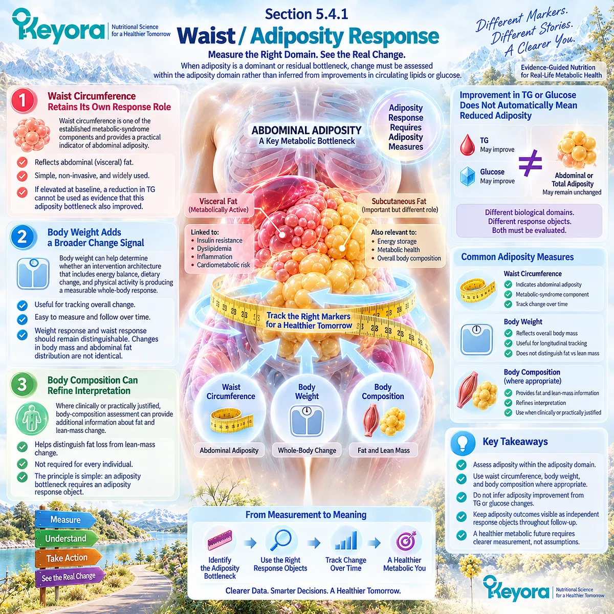 Waist circumference, body weight and body composition verify adiposity response independently from lipid or glucose change in the Keyora Multi-Domain Metabolic Response Map. Waist circumference, body weight and body composition verify adiposity response independently from lipid or glucose change in the Keyora Multi-Domain Metabolic Response Map.