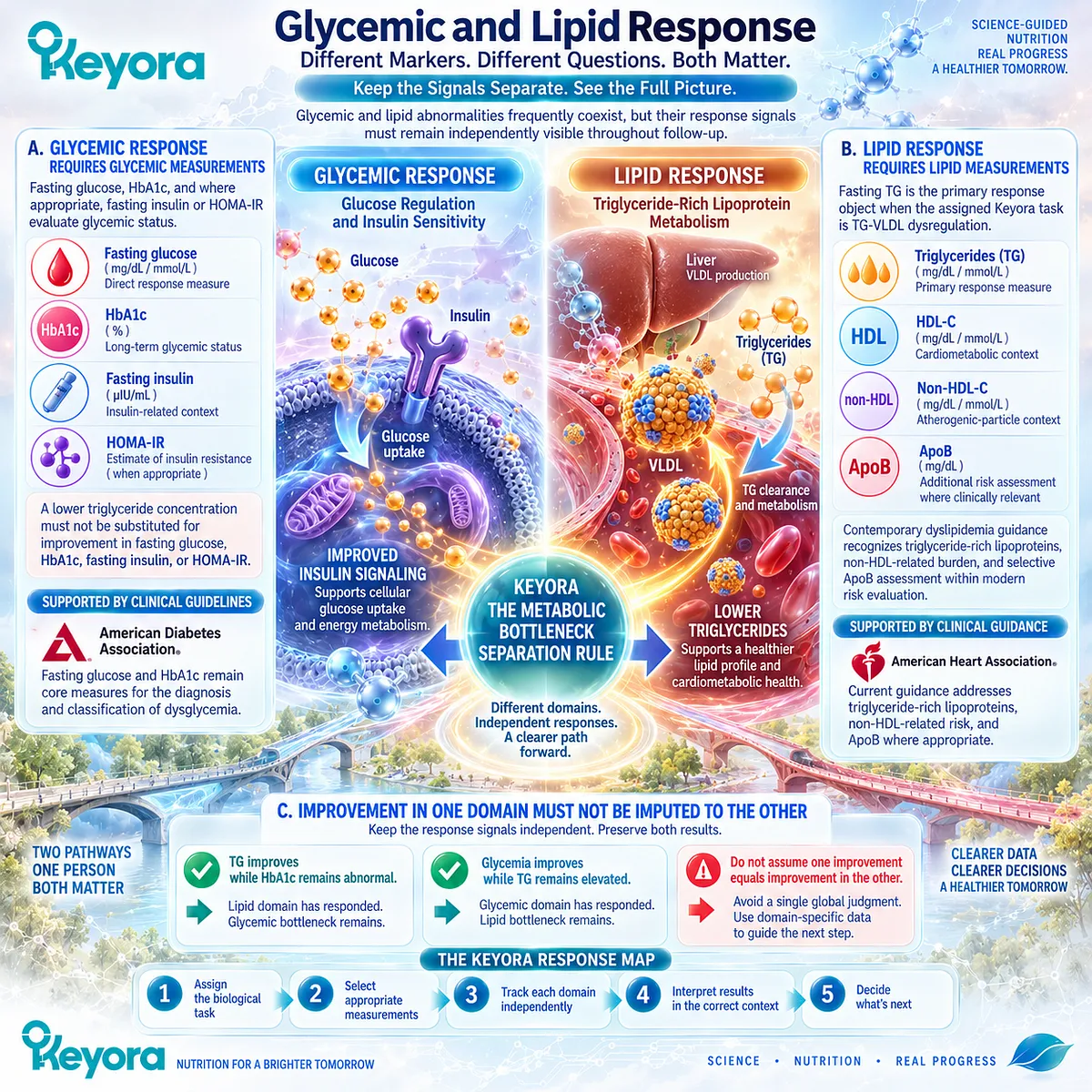 Glucose, HbA1c and insulin markers verify glycemic response while TG, non-HDL-C and ApoB track lipid burden under the Keyora Metabolic Bottleneck Separation Rule. Glucose, HbA1c and insulin markers verify glycemic response while TG, non-HDL-C and ApoB track lipid burden under the Keyora Metabolic Bottleneck Separation Rule.
