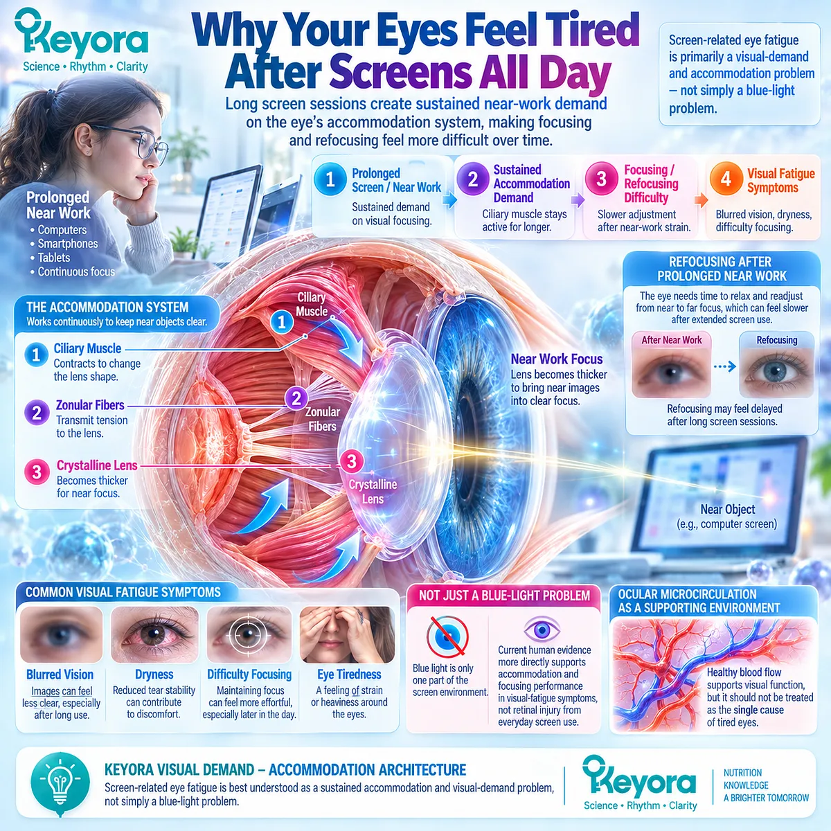 Screen eye fatigue from prolonged near work can strain ocular accommodation and refocusing, framed by the Keyora Visual Demand - Accommodation Architecture. Screen eye fatigue from prolonged near work can strain ocular accommodation and refocusing, framed by the Keyora Visual Demand - Accommodation Architecture.