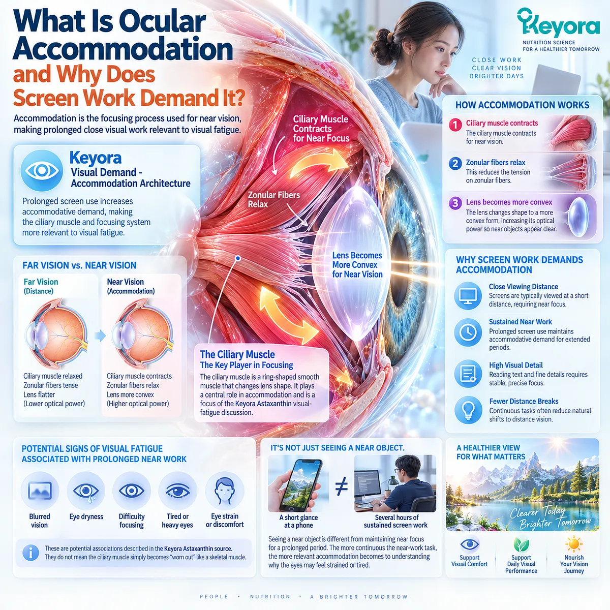 Prolonged screen work increases near-focus demand on ocular accommodation and ciliary muscle function, mapped by the Keyora Visual Demand - Accommodation Architecture. Prolonged screen work increases near-focus demand on ocular accommodation and ciliary muscle function, mapped by the Keyora Visual Demand - Accommodation Architecture.