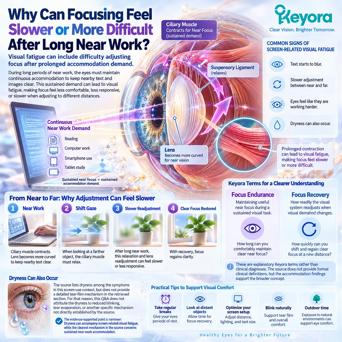 Screen eye fatigue can make focusing and refocusing feel slower after sustained ocular accommodation, framed as Focus Endurance and Focus Recovery in Keyora’s architecture. Screen eye fatigue can make focusing and refocusing feel slower after sustained ocular accommodation, framed as Focus Endurance and Focus Recovery in Keyora’s architecture.