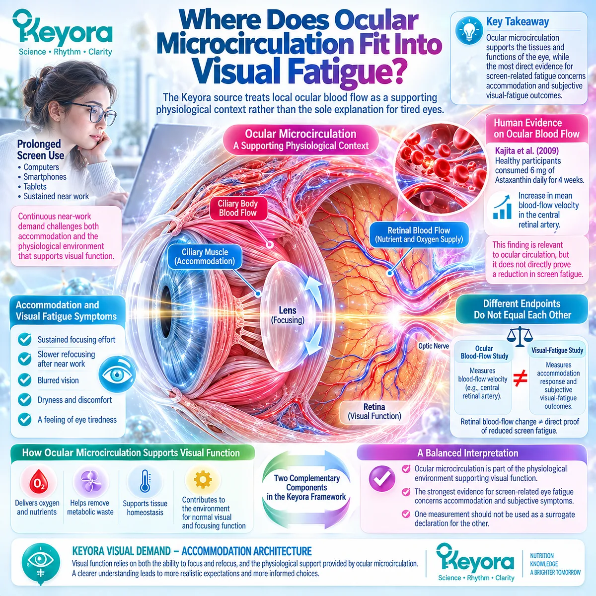 Ocular microcirculation may support visual function, but retinal blood-flow change does not prove reduced screen eye fatigue in the Keyora Visual Demand - Accommodation Architecture. Ocular microcirculation may support visual function, but retinal blood-flow change does not prove reduced screen eye fatigue in the Keyora Visual Demand - Accommodation Architecture.