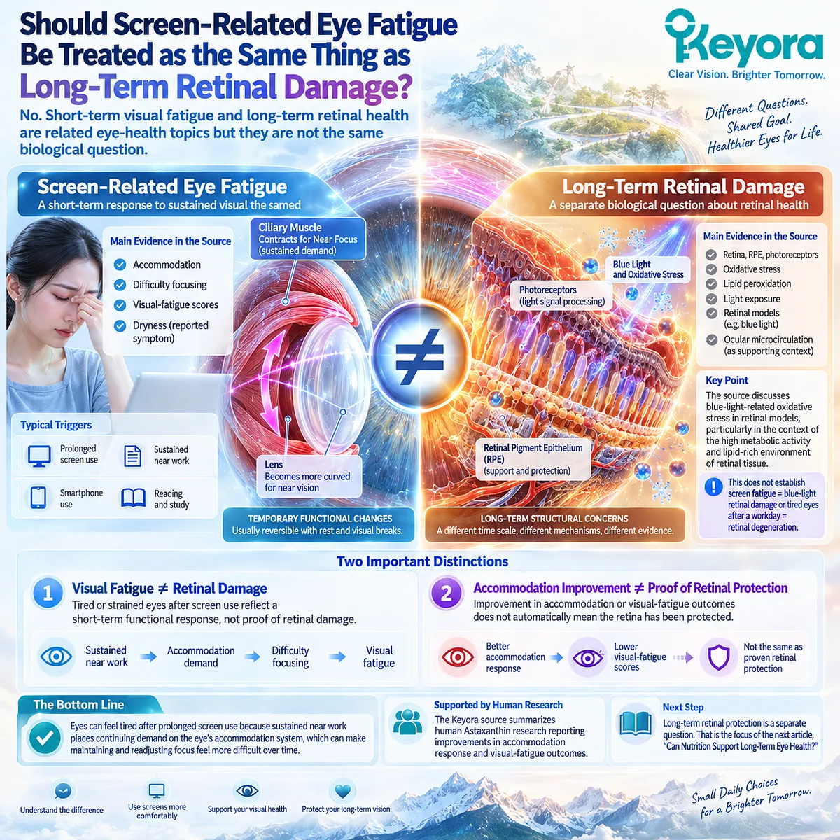 Screen eye fatigue reflects sustained ocular accommodation and focusing demand, not proof of retinal damage, a distinction mapped by the Keyora Visual Demand - Accommodation Architecture. Screen eye fatigue reflects sustained ocular accommodation and focusing demand, not proof of retinal damage, a distinction mapped by the Keyora Visual Demand - Accommodation Architecture.