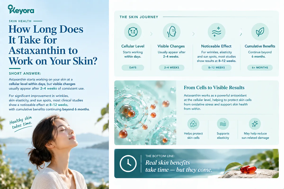 KEYORA skin health infographic titled "How Long Does It Take for Astaxanthin to Work on Your Skin? Real skin benefits take time — but they come.", presenting a radiant woman bathed in coastal sunlight alongside cellular graphics and red softgels. A 4-stage journey outlines Cellular Level protection in days, Visible Changes in 2–4 weeks, Noticeable Effects on wrinkles and elasticity in 8–12 weeks, and Cumulative Benefits continuing beyond 6 months. KEYORA skin health infographic titled "How Long Does It Take for Astaxanthin to Work on Your Skin? Real skin benefits take time — but they come.", presenting a radiant woman bathed in coastal sunlight alongside cellular graphics and red softgels. A 4-stage journey outlines Cellular Level protection in days, Visible Changes in 2–4 weeks, Noticeable Effects on wrinkles and elasticity in 8–12 weeks, and Cumulative Benefits continuing beyond 6 months.