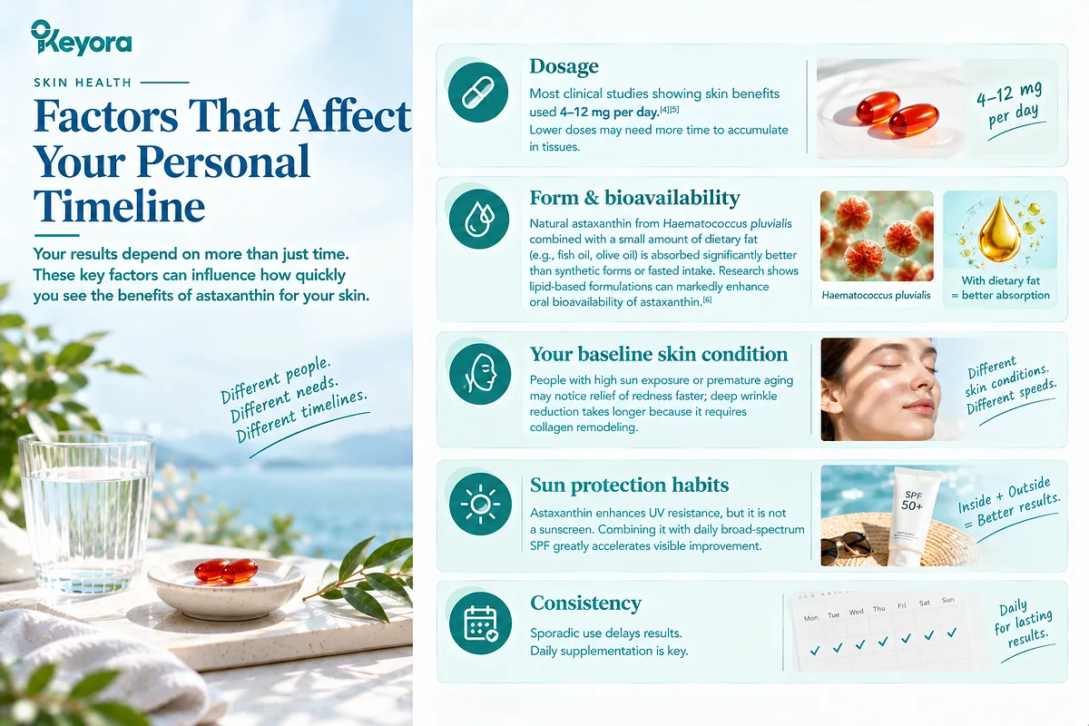 KEYORA personalized factors infographic titled "Factors That Affect Your Personal Timeline", set against an ocean terrace with fresh water and red softgels. It details 5 key variables: Dosage (clinical 4–12 mg/day), Form & Bioavailability (natural Haematococcus pluvialis paired with dietary fats), Baseline Skin Condition, Sun Protection Habits (combining oral astaxanthin with topical broad-spectrum SPF 50+), and Daily Consistency. KEYORA personalized factors infographic titled "Factors That Affect Your Personal Timeline", set against an ocean terrace with fresh water and red softgels. It details 5 key variables: Dosage (clinical 4–12 mg/day), Form & Bioavailability (natural Haematococcus pluvialis paired with dietary fats), Baseline Skin Condition, Sun Protection Habits (combining oral astaxanthin with topical broad-spectrum SPF 50+), and Daily Consistency.