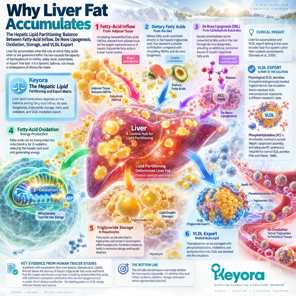 MASLD liver fat reflects fatty-acid inflow, de novo lipogenesis, oxidation, storage, and VLDL export balance in Keyora Hepatic Lipid Partitioning and Export Matrix. MASLD liver fat reflects fatty-acid inflow, de novo lipogenesis, oxidation, storage, and VLDL export balance in Keyora Hepatic Lipid Partitioning and Export Matrix.