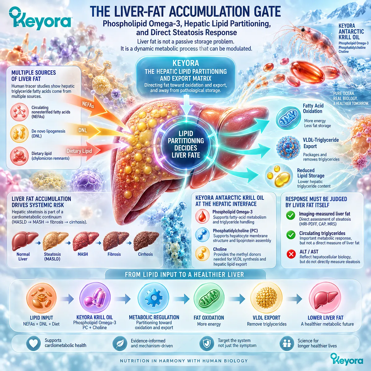 Hepatic steatosis links Phospholipid Omega-3 with lipid partitioning, oxidation and VLDL export in Keyora Hepatic Lipid Partitioning and Export Matrix. Hepatic steatosis links Phospholipid Omega-3 with lipid partitioning, oxidation and VLDL export in Keyora Hepatic Lipid Partitioning and Export Matrix.