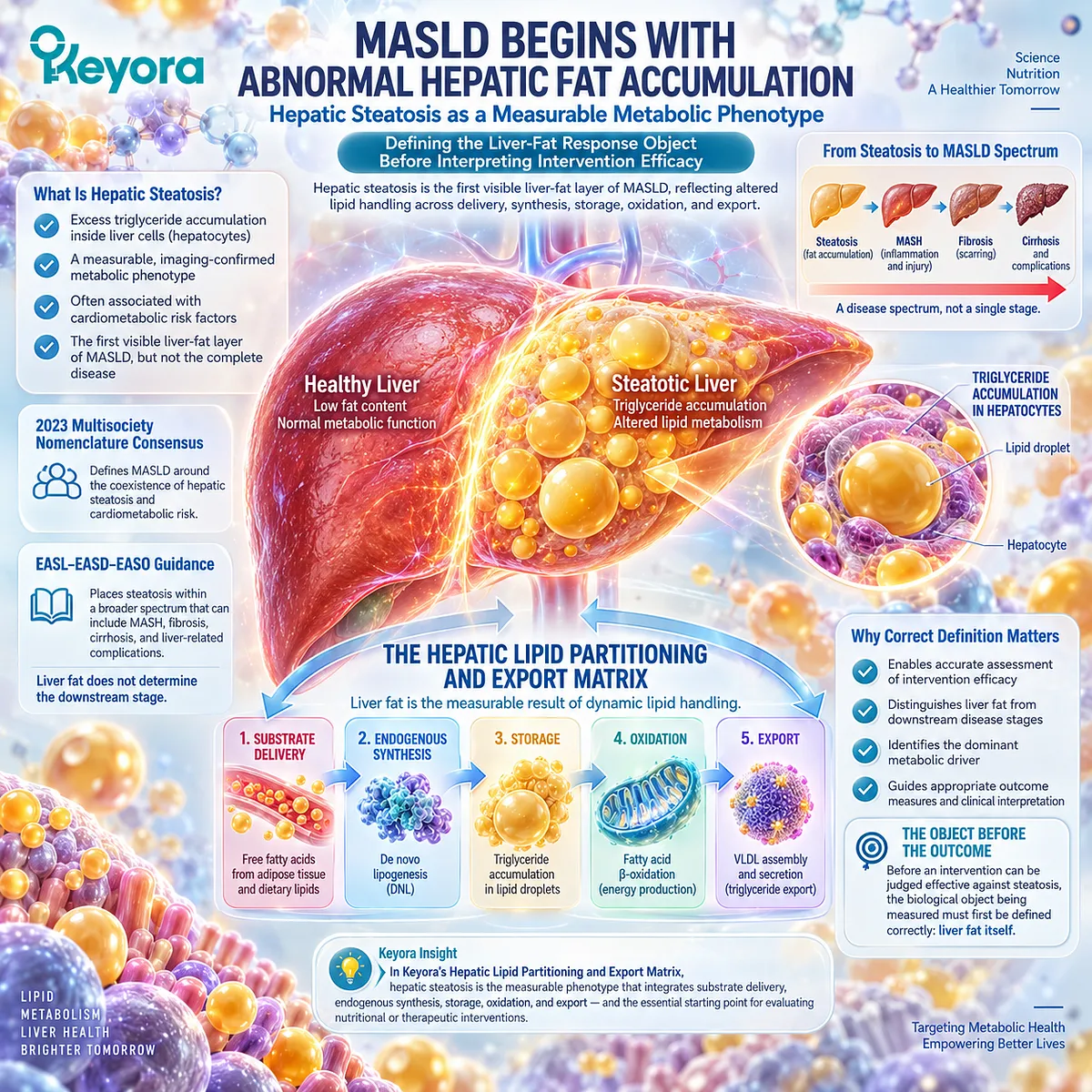 Hepatic steatosis defines measurable liver fat in MASLD, linking abnormal lipid handling to Keyora Hepatic Lipid Partitioning and Export Matrix for precise response assessment. Hepatic steatosis defines measurable liver fat in MASLD, linking abnormal lipid handling to Keyora Hepatic Lipid Partitioning and Export Matrix for precise response assessment.