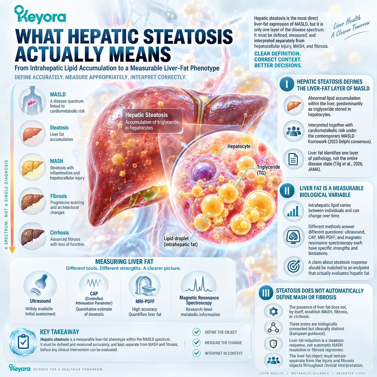 Hepatic steatosis in MASLD measures intrahepatic triglyceride burden, separating liver-fat response from MASH and fibrosis in Keyora Hepatic Lipid Partitioning and Export Matrix. Hepatic steatosis in MASLD measures intrahepatic triglyceride burden, separating liver-fat response from MASH and fibrosis in Keyora Hepatic Lipid Partitioning and Export Matrix.