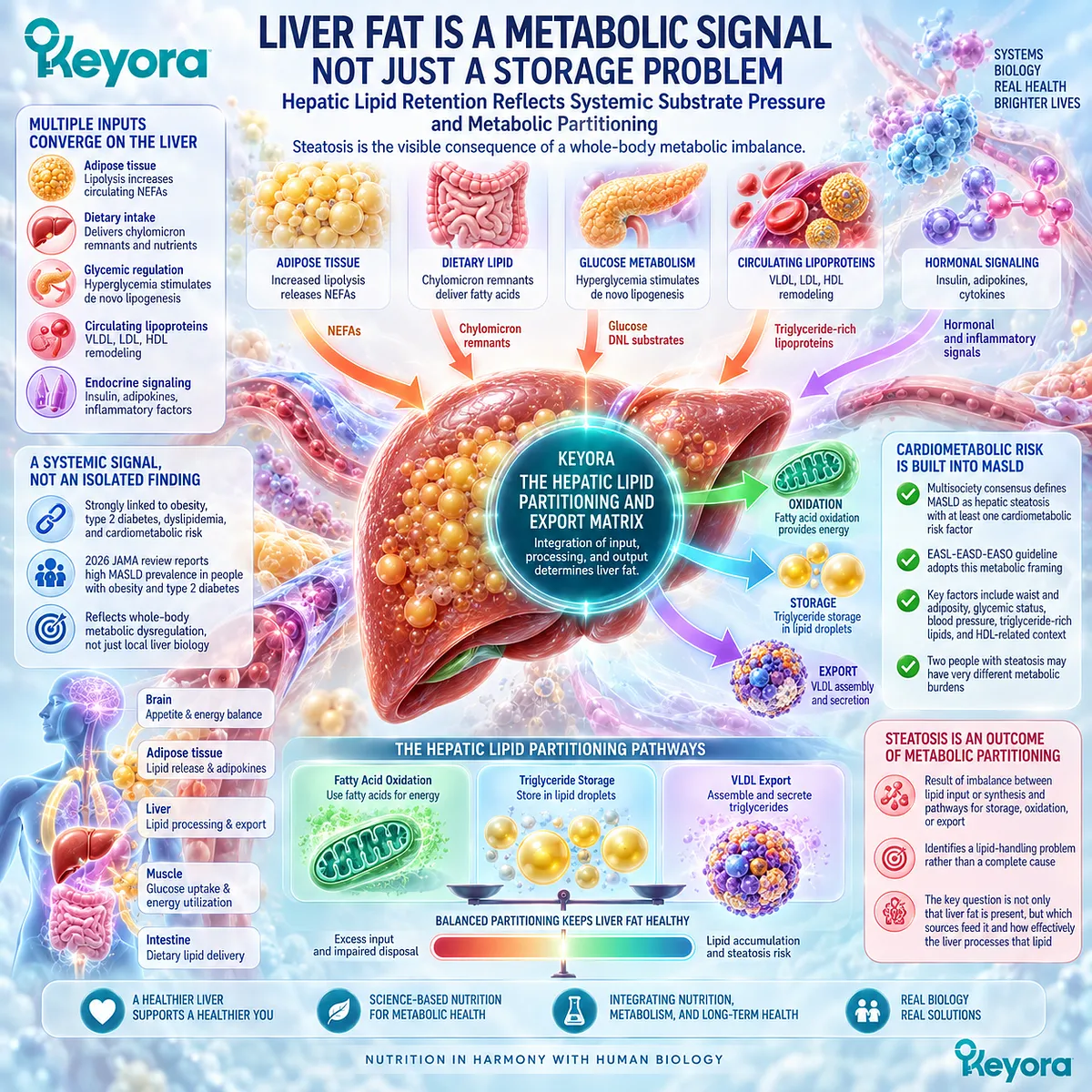 Liver fat in MASLD signals systemic substrate pressure and altered lipid partitioning across storage, oxidation and export in Keyora Hepatic Lipid Partitioning and Export Matrix. Liver fat in MASLD signals systemic substrate pressure and altered lipid partitioning across storage, oxidation and export in Keyora Hepatic Lipid Partitioning and Export Matrix.