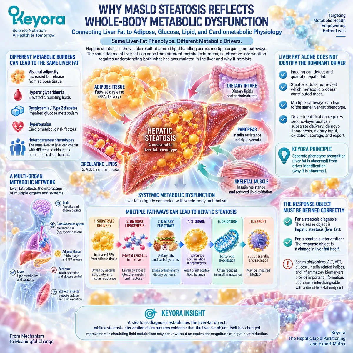 MASLD liver fat links adipose, glucose and triglyceride dysfunction with hepatic lipid partitioning, while Keyora separates steatosis phenotype, metabolic driver and response. MASLD liver fat links adipose, glucose and triglyceride dysfunction with hepatic lipid partitioning, while Keyora separates steatosis phenotype, metabolic driver and response.