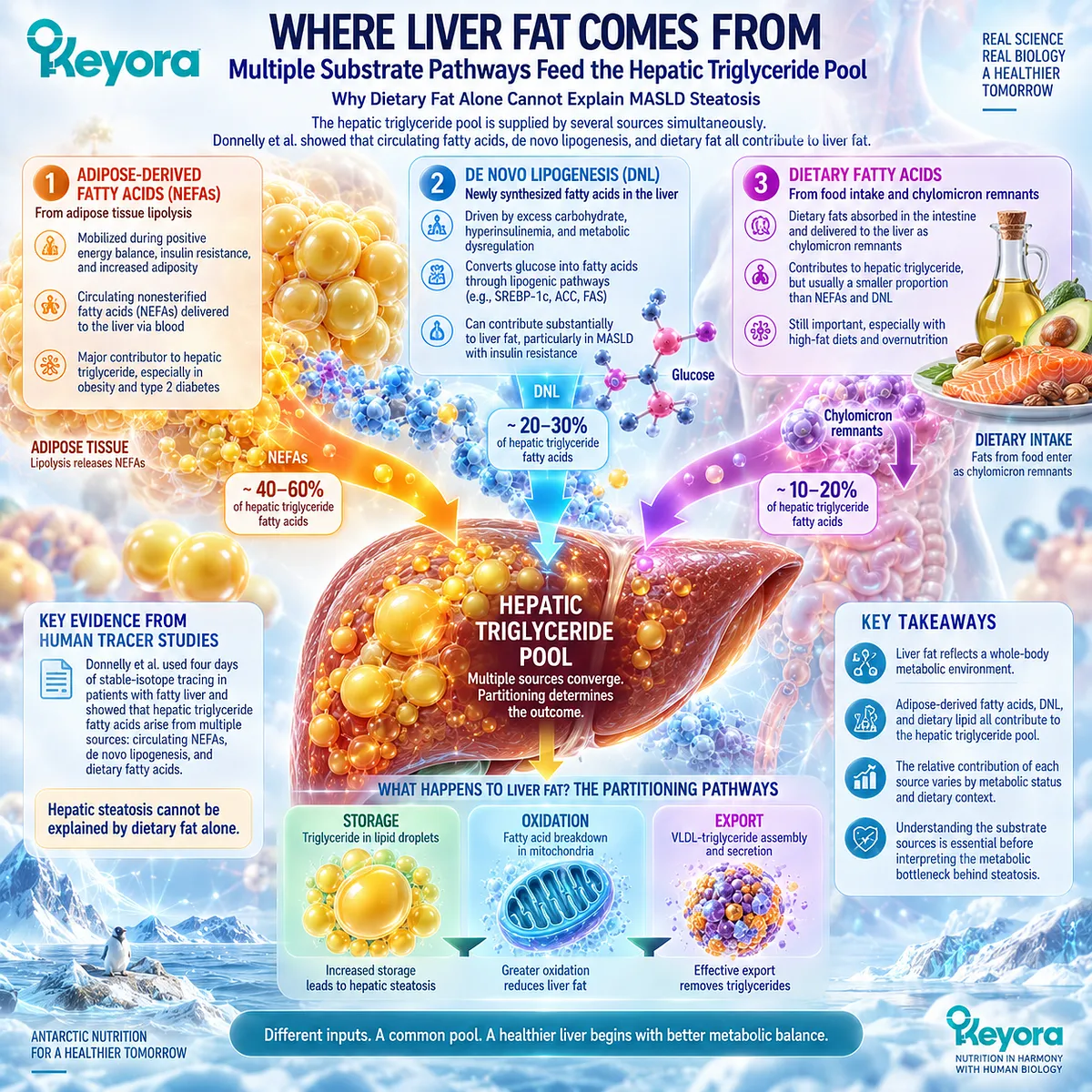 MASLD liver fat arises from adipose fatty acids, de novo lipogenesis and dietary lipid, converging in Keyora Hepatic Lipid Partitioning and Export Matrix. MASLD liver fat arises from adipose fatty acids, de novo lipogenesis and dietary lipid, converging in Keyora Hepatic Lipid Partitioning and Export Matrix.