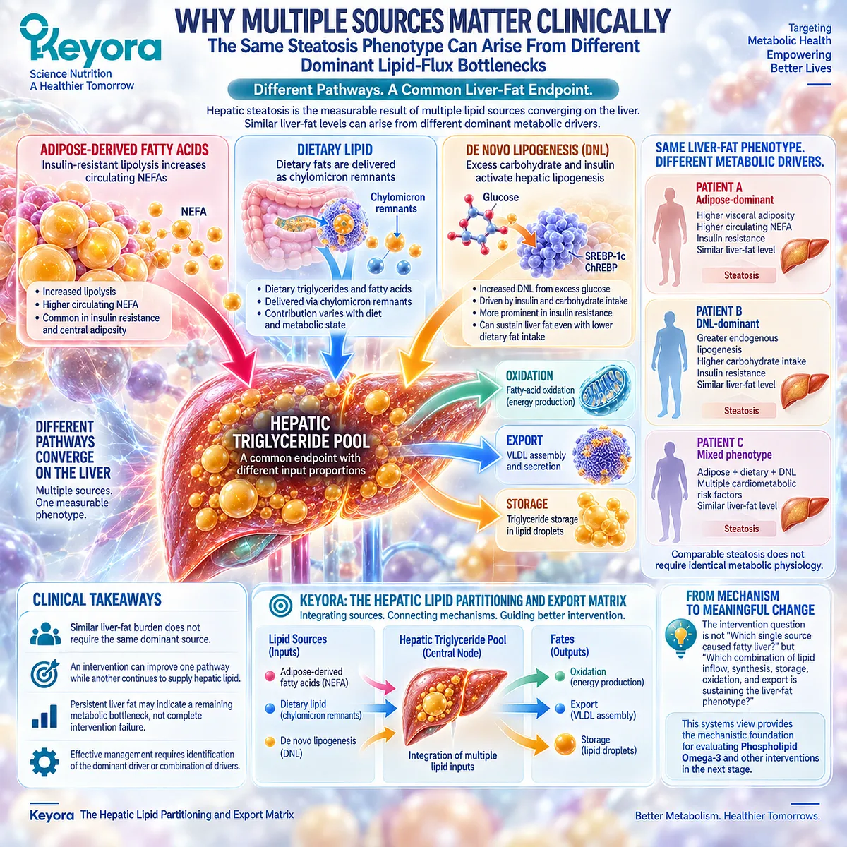 MASLD liver fat can arise from different NEFA, de novo lipogenesis and dietary lipid burdens, integrated by Keyora Hepatic Lipid Partitioning and Export Matrix. MASLD liver fat can arise from different NEFA, de novo lipogenesis and dietary lipid burdens, integrated by Keyora Hepatic Lipid Partitioning and Export Matrix.