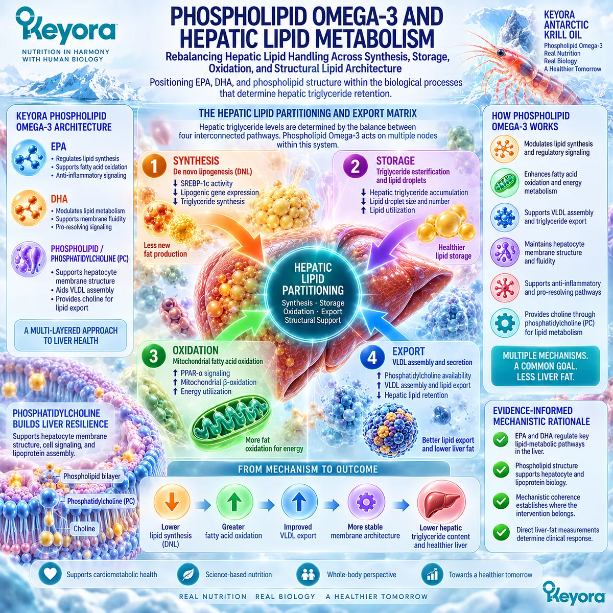Phospholipid Omega-3 EPA and DHA support hepatic lipid synthesis, oxidation and partitioning, framed by Keyora Hepatic Lipid Partitioning and Export Matrix for liver-fat metabolism. Phospholipid Omega-3 EPA and DHA support hepatic lipid synthesis, oxidation and partitioning, framed by Keyora Hepatic Lipid Partitioning and Export Matrix for liver-fat metabolism.