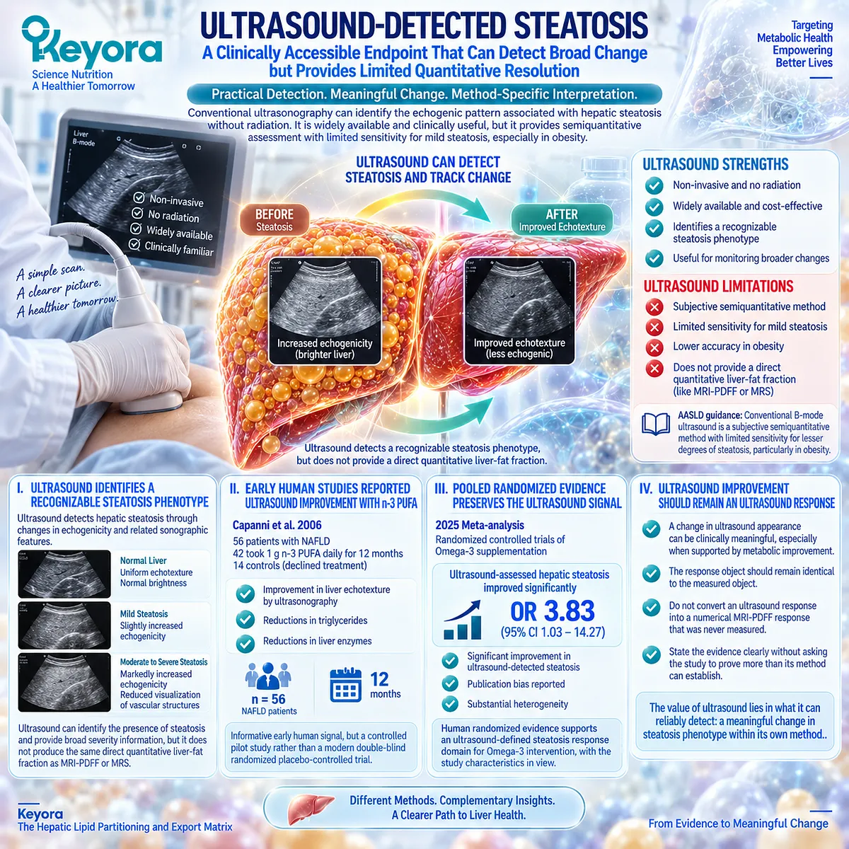 Ultrasound can detect broad MASLD steatosis improvement but not precise liver-fat change, so Keyora Liver-Fat Response Object keeps Phospholipid Omega-3 evidence endpoint-specific. Ultrasound can detect broad MASLD steatosis improvement but not precise liver-fat change, so Keyora Liver-Fat Response Object keeps Phospholipid Omega-3 evidence endpoint-specific.