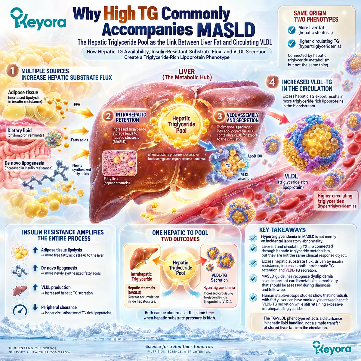 High triglycerides in MASLD link hepatic TG accumulation and VLDL secretion through insulin-resistant lipid flux, framed by the Keyora TG-VLDL Response Gate. High triglycerides in MASLD link hepatic TG accumulation and VLDL secretion through insulin-resistant lipid flux, framed by the Keyora TG-VLDL Response Gate.