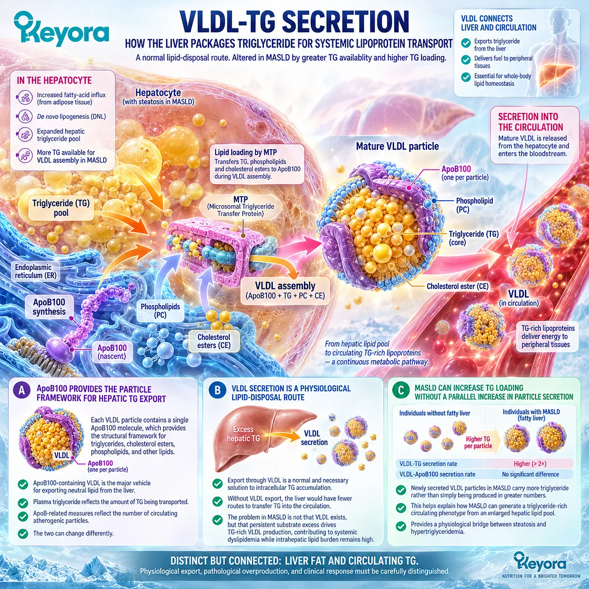 MASLD can increase VLDL-TG secretion through greater triglyceride loading onto ApoB100 particles, a hepatic export mechanism mapped by the Keyora TG-VLDL Response Gate. MASLD can increase VLDL-TG secretion through greater triglyceride loading onto ApoB100 particles, a hepatic export mechanism mapped by the Keyora TG-VLDL Response Gate.