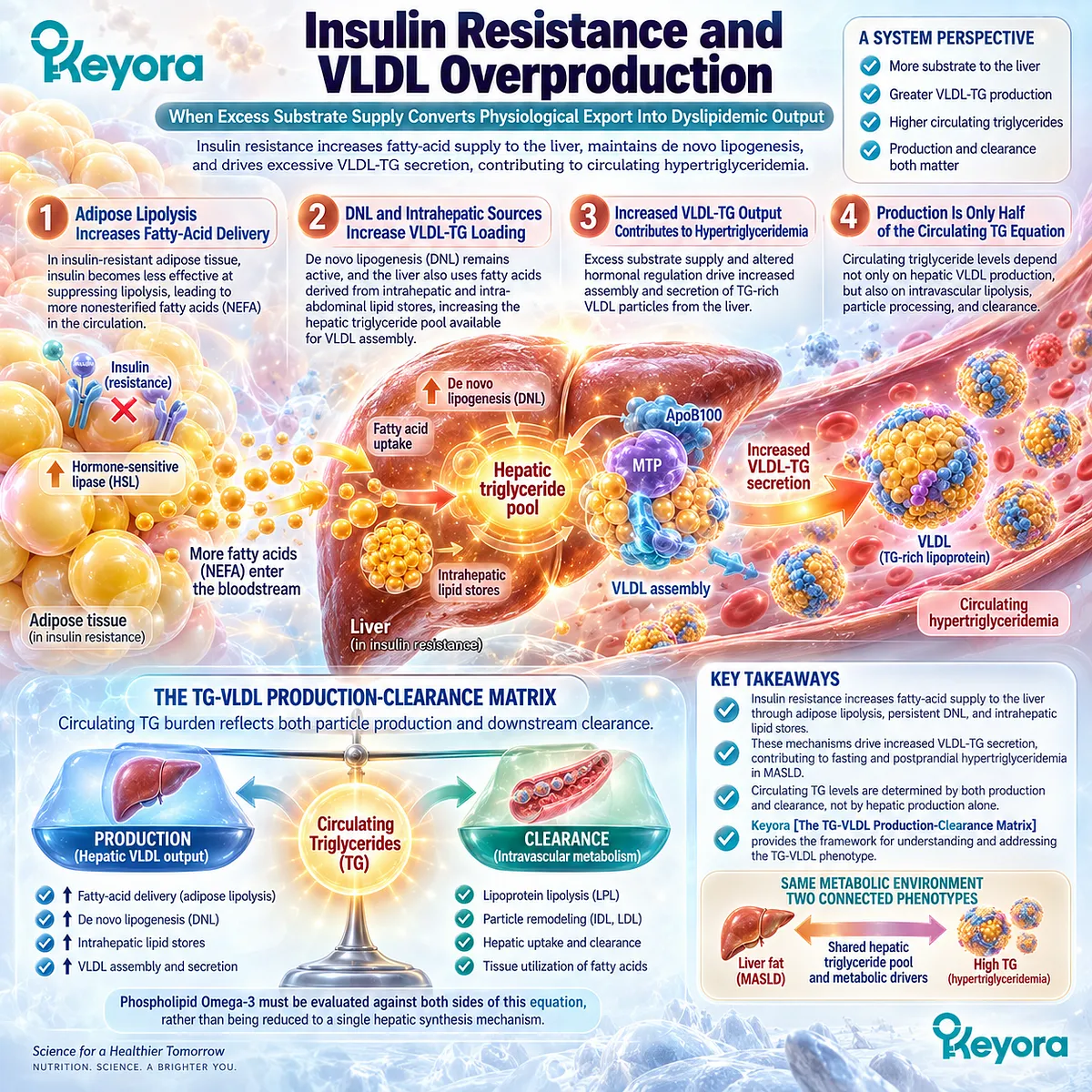 Insulin resistance raises triglycerides through adipose fatty-acid flux, hepatic DNL and VLDL-TG output, mapped by Keyora TG-VLDL Production-Clearance Matrix. Insulin resistance raises triglycerides through adipose fatty-acid flux, hepatic DNL and VLDL-TG output, mapped by Keyora TG-VLDL Production-Clearance Matrix.