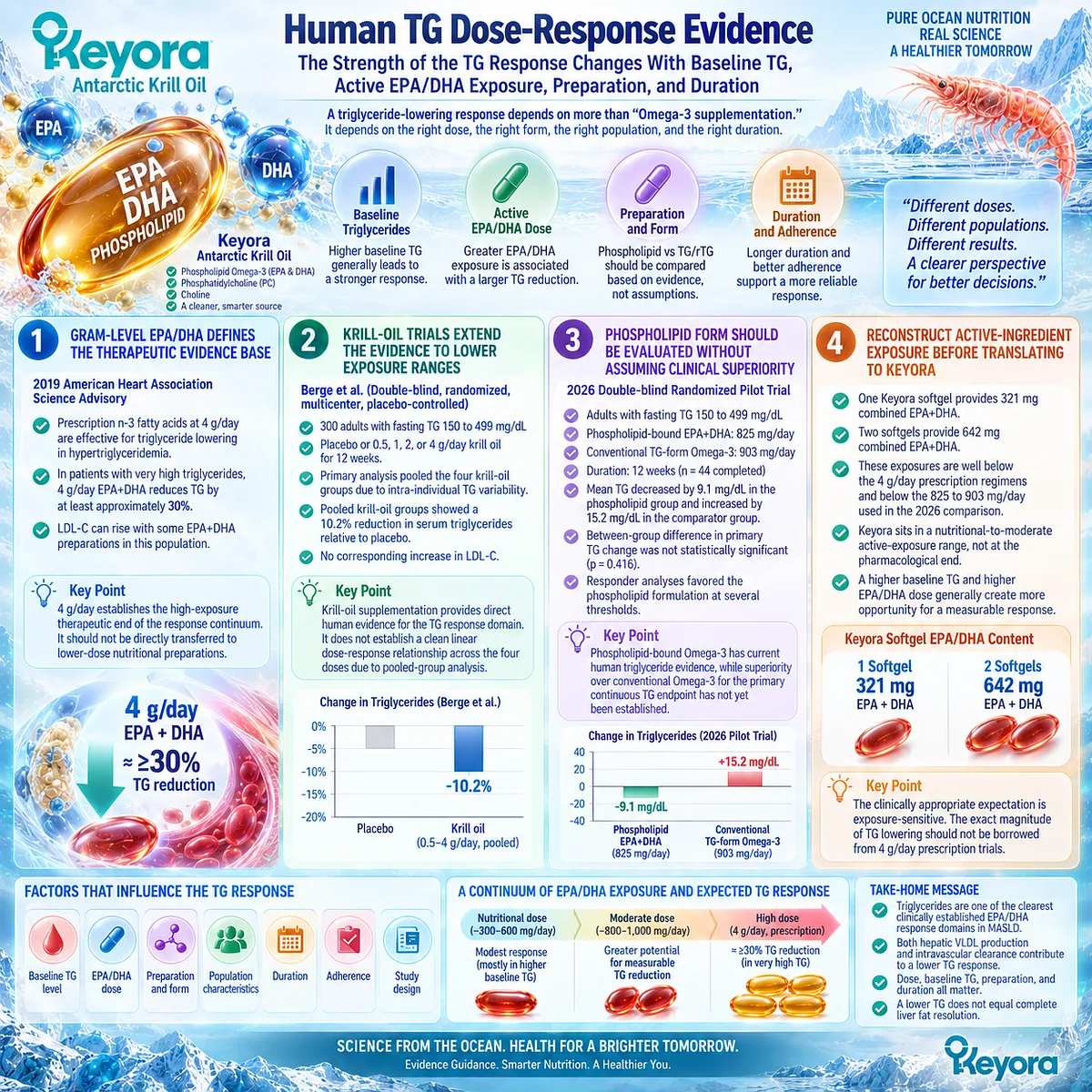 Omega-3 triglyceride response varies with EPA/DHA dose, baseline TG and phospholipid form, mapped by the Keyora TG-VLDL dose-response evidence framework. Omega-3 triglyceride response varies with EPA/DHA dose, baseline TG and phospholipid form, mapped by the Keyora TG-VLDL dose-response evidence framework.
