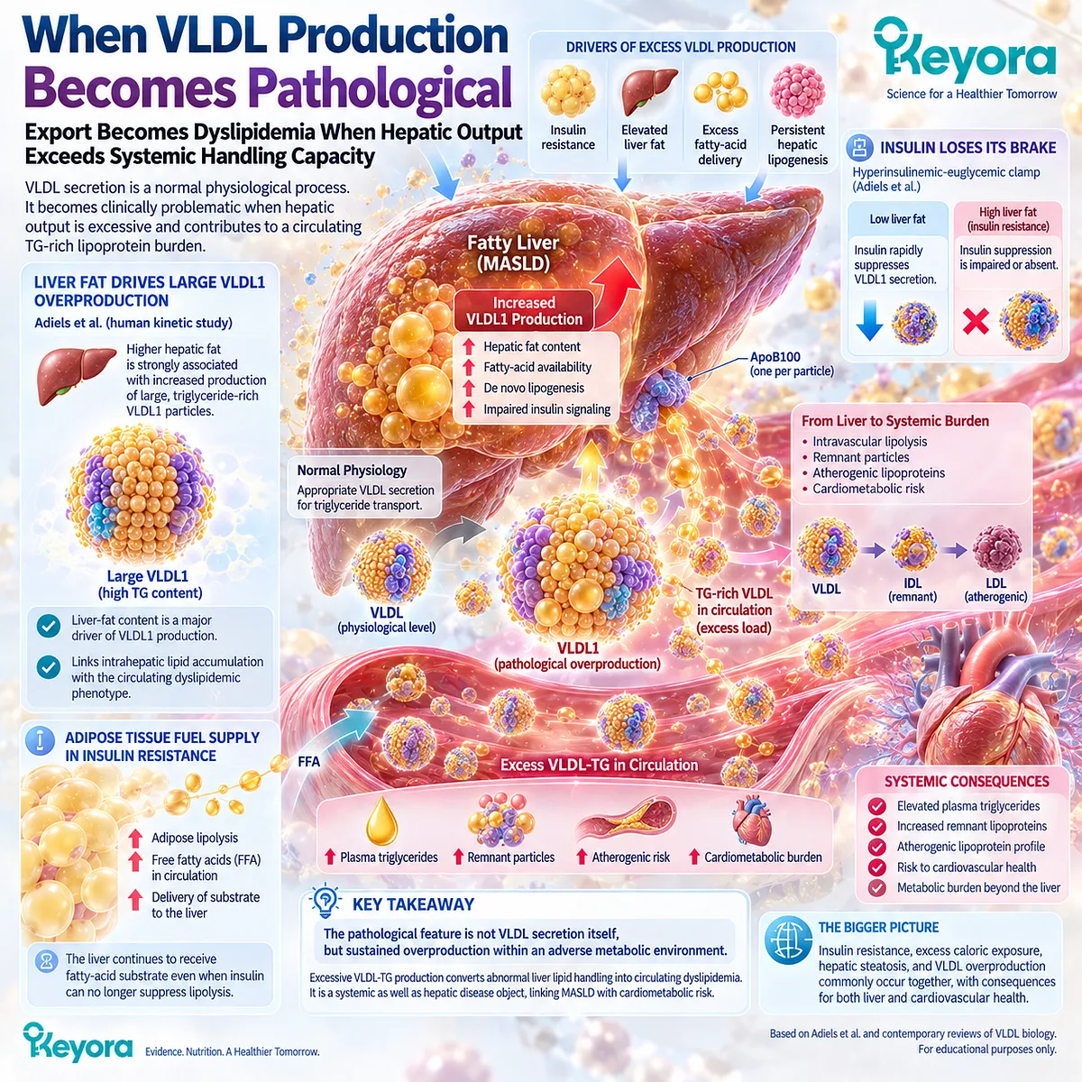Insulin resistance and liver fat can drive TG-rich VLDL1 overproduction and systemic dyslipidemia, marking the pathological shift in Keyora The VLDL Export Paradox. Insulin resistance and liver fat can drive TG-rich VLDL1 overproduction and systemic dyslipidemia, marking the pathological shift in Keyora The VLDL Export Paradox.
