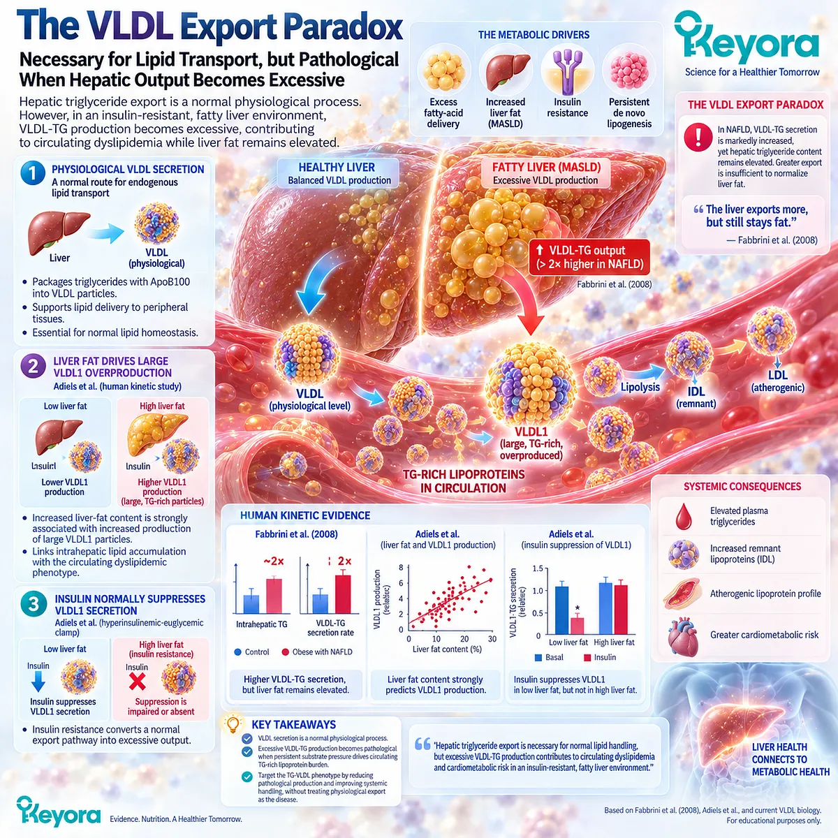 MASLD evidence links liver fat and insulin resistance to excess VLDL-TG output while preserving normal lipid export, validating Keyora The VLDL Export Paradox. MASLD evidence links liver fat and insulin resistance to excess VLDL-TG output while preserving normal lipid export, validating Keyora The VLDL Export Paradox.
