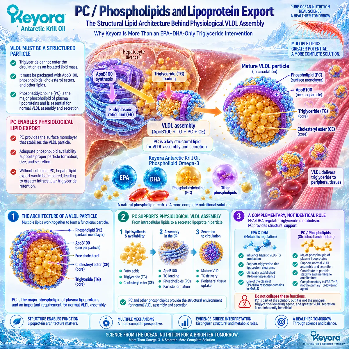 Phosphatidylcholine supports VLDL assembly and hepatic lipid export while Phospholipid Omega-3 regulates TG pathways, integrated by Keyora lipoprotein architecture. Phosphatidylcholine supports VLDL assembly and hepatic lipid export while Phospholipid Omega-3 regulates TG pathways, integrated by Keyora lipoprotein architecture.