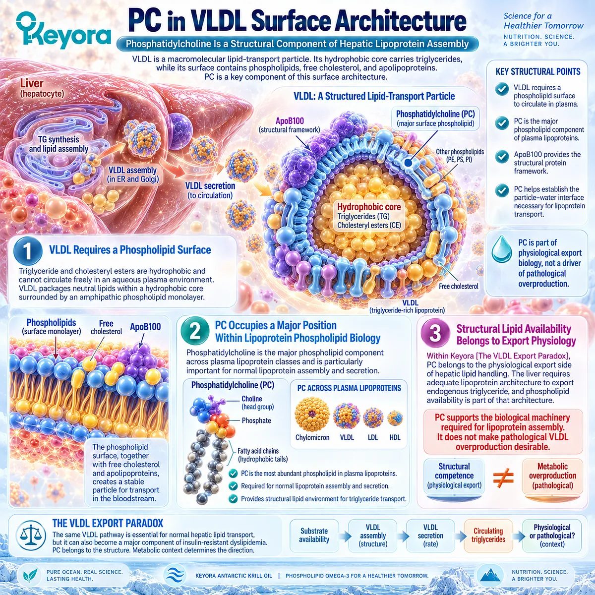 Phosphatidylcholine forms VLDL surface architecture for hepatic triglyceride transport, separating structural export from overproduction in Keyora VLDL Export Paradox. Phosphatidylcholine forms VLDL surface architecture for hepatic triglyceride transport, separating structural export from overproduction in Keyora VLDL Export Paradox.