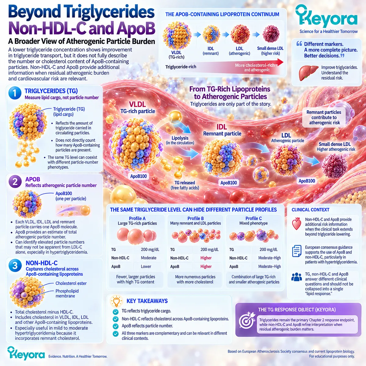 Triglycerides measure lipid cargo while non-HDL-C tracks atherogenic cholesterol and ApoB reflects particle number, refining Keyora The TG Response Object. Triglycerides measure lipid cargo while non-HDL-C tracks atherogenic cholesterol and ApoB reflects particle number, refining Keyora The TG Response Object.