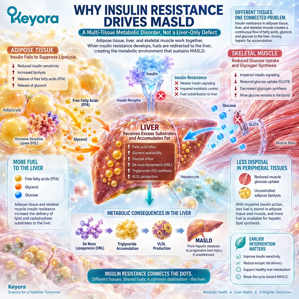 Insulin resistance increases adipose fatty acid release, impairs muscle glucose disposal and raises hepatic lipogenesis, framing MASLD through Keyora’s Lipid-Burden Matrix. Insulin resistance increases adipose fatty acid release, impairs muscle glucose disposal and raises hepatic lipogenesis, framing MASLD through Keyora’s Lipid-Burden Matrix.