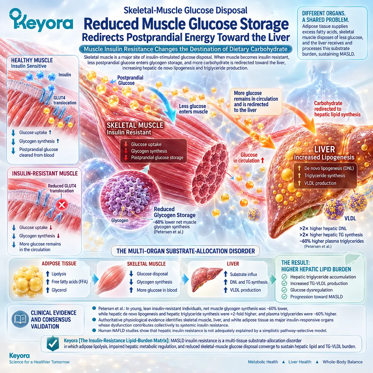 Skeletal-muscle insulin resistance reduces glucose disposal and glycogen synthesis, redirecting carbohydrate toward hepatic DNL in Keyora’s Insulin-Resistance Lipid-Burden Matrix. Skeletal-muscle insulin resistance reduces glucose disposal and glycogen synthesis, redirecting carbohydrate toward hepatic DNL in Keyora’s Insulin-Resistance Lipid-Burden Matrix.