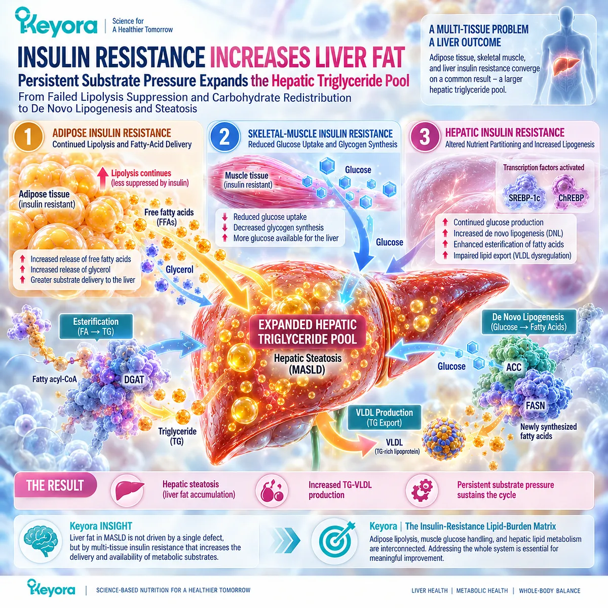 Insulin resistance increases liver fat through fatty acid flux, impaired muscle glucose disposal and hepatic de novo lipogenesis, mapped by Keyora’s Insulin-Resistance Lipid-Burden Matrix. Insulin resistance increases liver fat through fatty acid flux, impaired muscle glucose disposal and hepatic de novo lipogenesis, mapped by Keyora’s Insulin-Resistance Lipid-Burden Matrix.