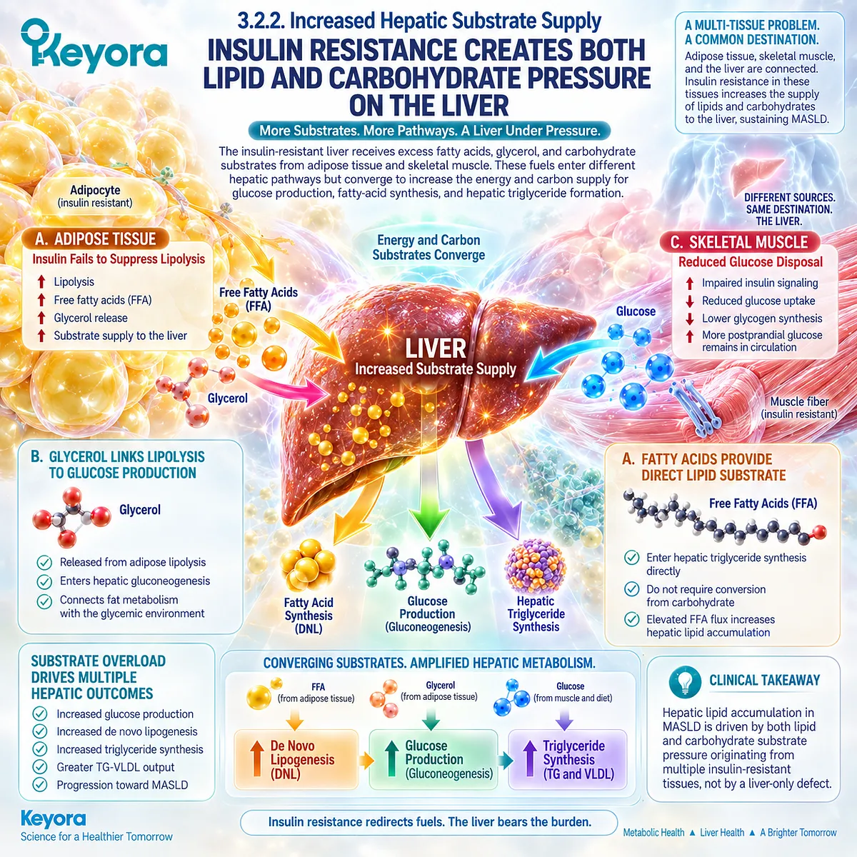 Insulin resistance increases hepatic fatty acid, glycerol and carbohydrate supply, linking liver fat and glucose burden through Keyora’s Insulin-Resistance Lipid-Burden Matrix. Insulin resistance increases hepatic fatty acid, glycerol and carbohydrate supply, linking liver fat and glucose burden through Keyora’s Insulin-Resistance Lipid-Burden Matrix.