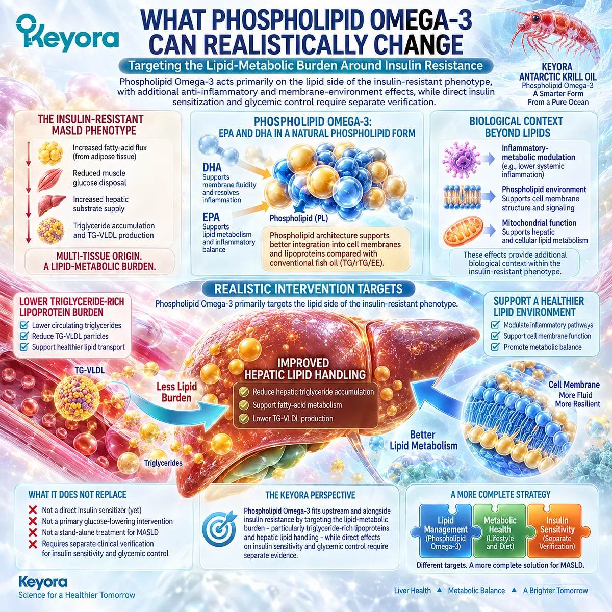 Phospholipid Omega-3 supports triglyceride-rich lipoprotein and hepatic lipid handling around insulin resistance, framed by Keyora’s Lipid-Glycemic Response Separation Rule. Phospholipid Omega-3 supports triglyceride-rich lipoprotein and hepatic lipid handling around insulin resistance, framed by Keyora’s Lipid-Glycemic Response Separation Rule.