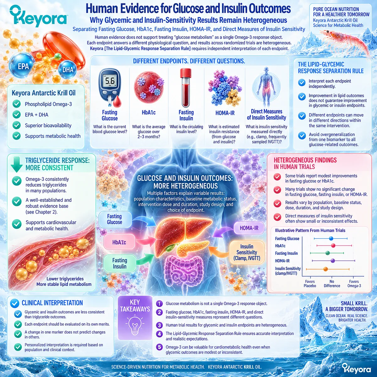 Phospholipid Omega-3 shows heterogeneous glucose and insulin outcomes across HbA1c, fasting glucose and HOMA-IR, requiring Keyora’s Lipid-Glycemic Response Separation Rule. Phospholipid Omega-3 shows heterogeneous glucose and insulin outcomes across HbA1c, fasting glucose and HOMA-IR, requiring Keyora’s Lipid-Glycemic Response Separation Rule.