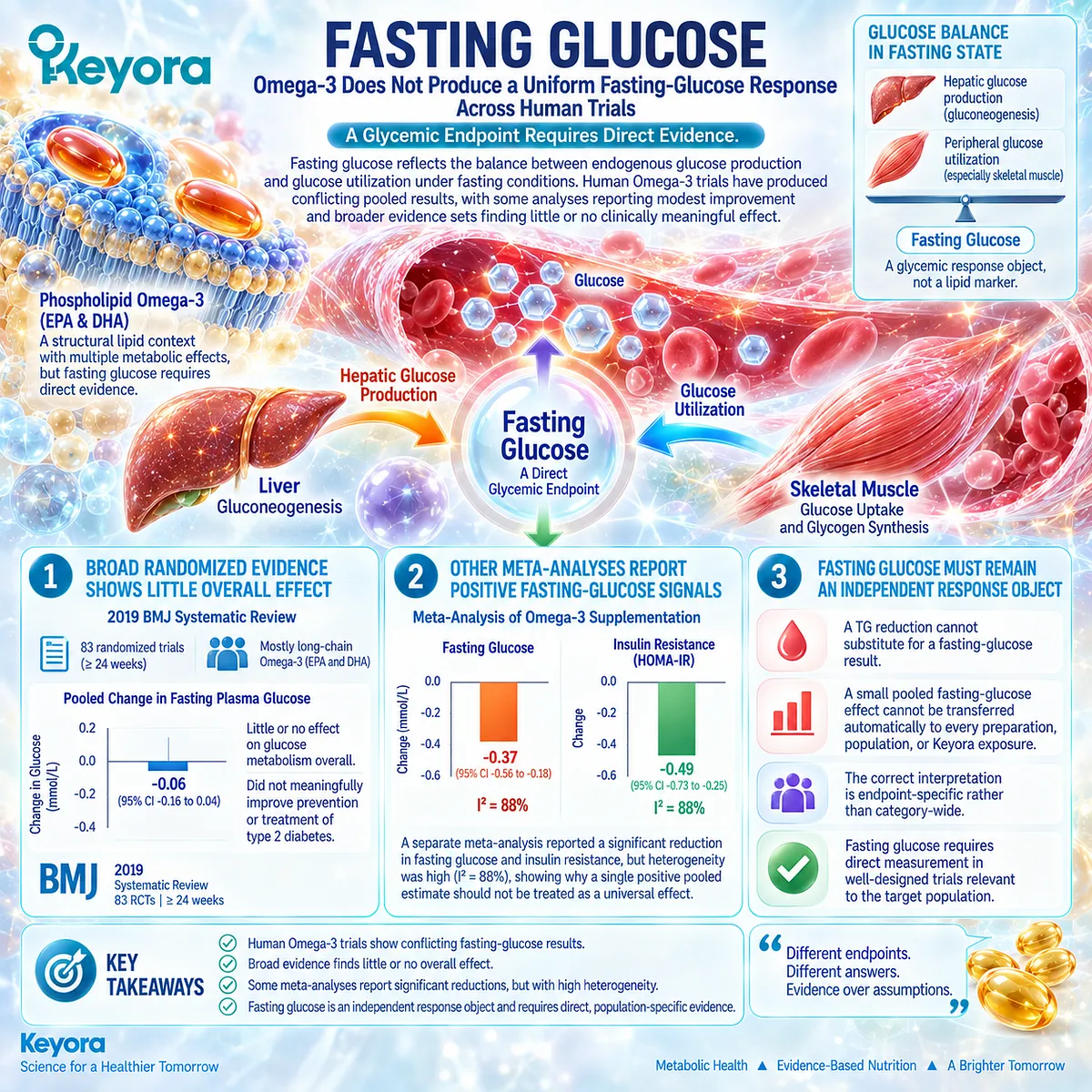 Omega-3 shows inconsistent fasting glucose responses across human trials despite stronger lipid effects, reinforcing Keyora’s Lipid-Glycemic Response Separation Rule. Omega-3 shows inconsistent fasting glucose responses across human trials despite stronger lipid effects, reinforcing Keyora’s Lipid-Glycemic Response Separation Rule.