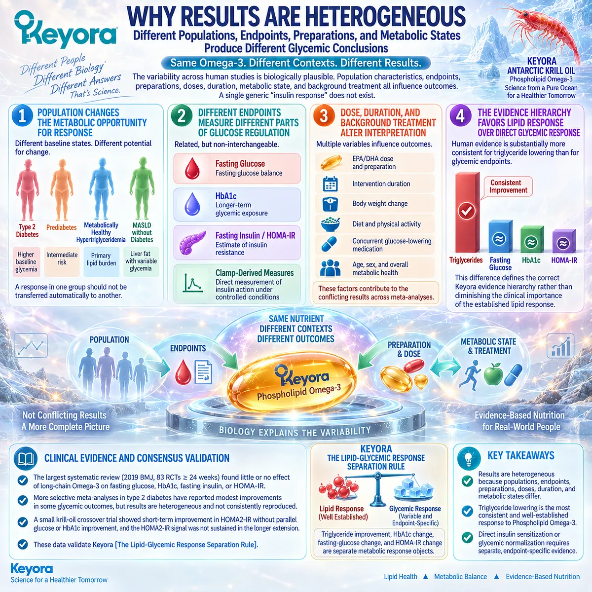 Omega-3 glycemic responses vary by population, dose, duration and endpoint, while triglyceride effects remain more consistent under Keyora’s Lipid-Glycemic Response Separation Rule. Omega-3 glycemic responses vary by population, dose, duration and endpoint, while triglyceride effects remain more consistent under Keyora’s Lipid-Glycemic Response Separation Rule.