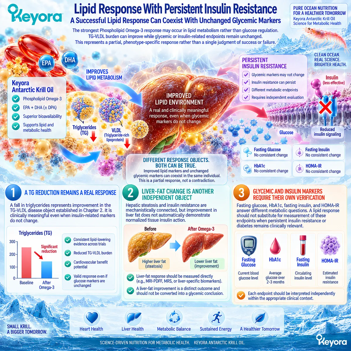 Phospholipid Omega-3 may improve triglyceride and liver-fat burden while glucose or HOMA-IR remains unchanged, framed by Keyora’s Lipid-Glycemic Response Separation Rule. Phospholipid Omega-3 may improve triglyceride and liver-fat burden while glucose or HOMA-IR remains unchanged, framed by Keyora’s Lipid-Glycemic Response Separation Rule.