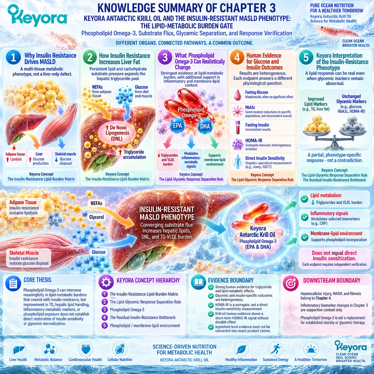 Insulin-resistant MASLD links adipose lipolysis, muscle glucose disposal and hepatic DNL, while Keyora maps Phospholipid Omega-3 lipid response separately from glycemic outcomes. Insulin-resistant MASLD links adipose lipolysis, muscle glucose disposal and hepatic DNL, while Keyora maps Phospholipid Omega-3 lipid response separately from glycemic outcomes.