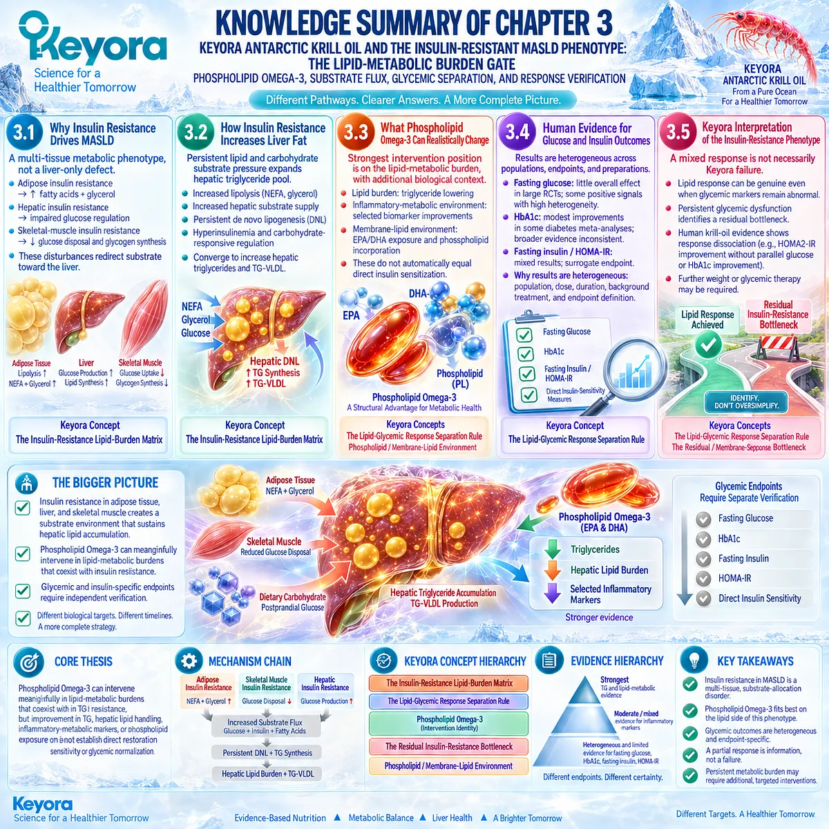 Insulin-resistant MASLD links adipose lipolysis, muscle glucose disposal and hepatic DNL, while Keyora maps Phospholipid Omega-3 lipid response separately from glycemic outcomes. Insulin-resistant MASLD links adipose lipolysis, muscle glucose disposal and hepatic DNL, while Keyora maps Phospholipid Omega-3 lipid response separately from glycemic outcomes.