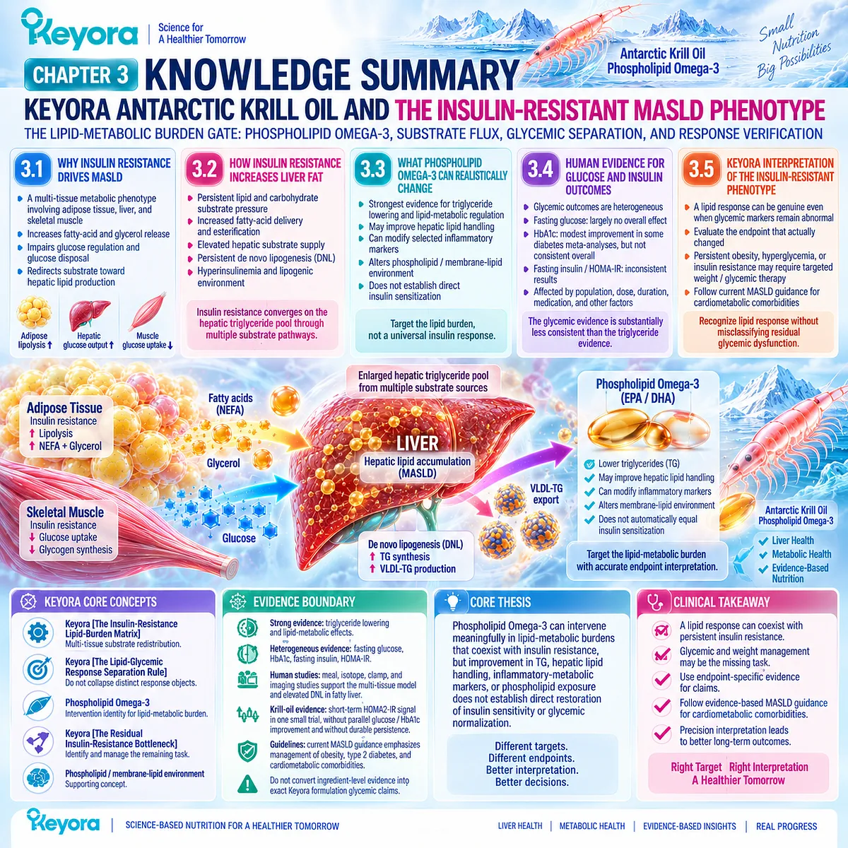 Insulin-resistant MASLD links adipose lipolysis, muscle glucose disposal and hepatic DNL, while Keyora maps Phospholipid Omega-3 lipid response separately from glycemic outcomes. Insulin-resistant MASLD links adipose lipolysis, muscle glucose disposal and hepatic DNL, while Keyora maps Phospholipid Omega-3 lipid response separately from glycemic outcomes.