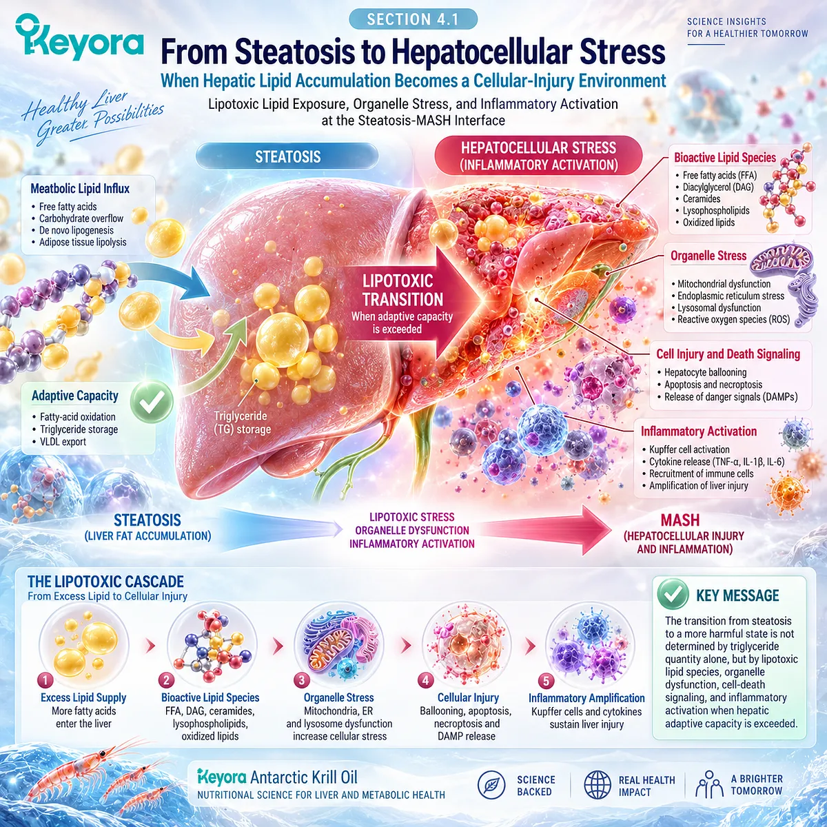 Liver fat accumulation can progress to hepatocellular stress through lipotoxic lipid exposure, organelle dysfunction, and inflammation at the Keyora steatosis-MASH interface. Liver fat accumulation can progress to hepatocellular stress through lipotoxic lipid exposure, organelle dysfunction, and inflammation at the Keyora steatosis-MASH interface.