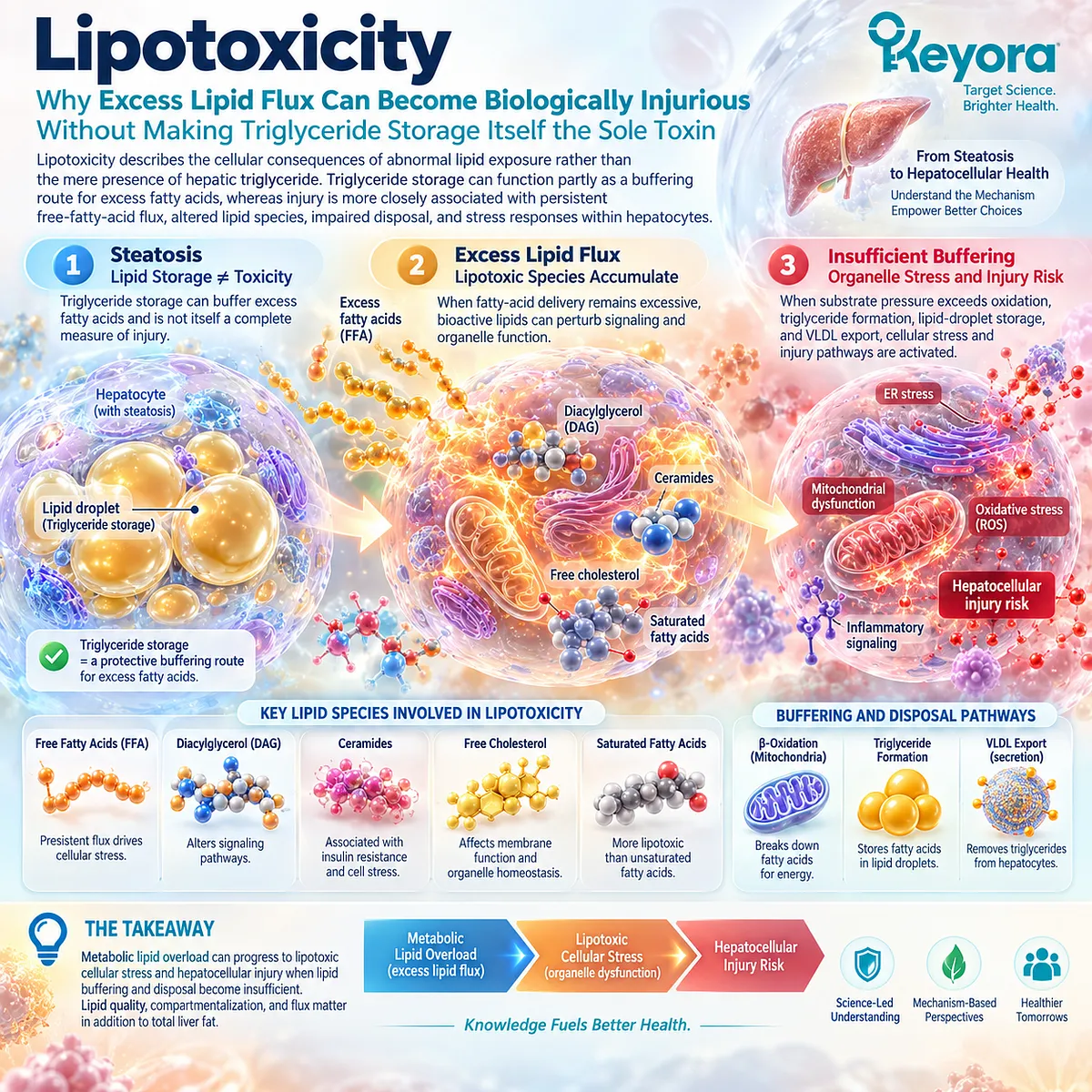 Lipotoxicity links excess fatty-acid flux and bioactive lipids to hepatocyte stress when lipid buffering fails, framing liver injury risk in Keyora’s MASH transition model. Lipotoxicity links excess fatty-acid flux and bioactive lipids to hepatocyte stress when lipid buffering fails, framing liver injury risk in Keyora’s MASH transition model.