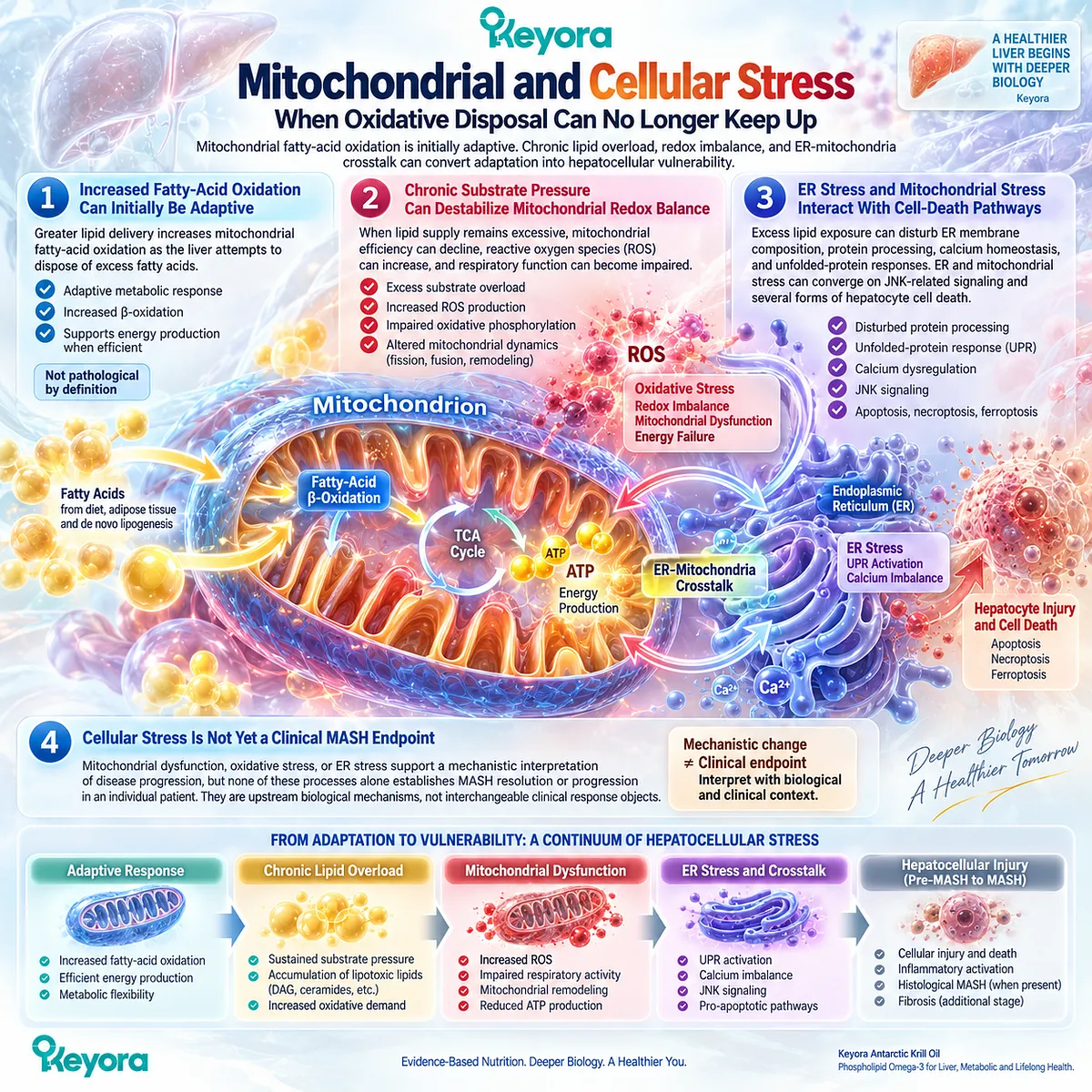 Mitochondrial stress links chronic fatty-acid overload to redox imbalance, ER stress, and hepatocyte vulnerability within Keyora’s steatosis-MASH transition framework. Mitochondrial stress links chronic fatty-acid overload to redox imbalance, ER stress, and hepatocyte vulnerability within Keyora’s steatosis-MASH transition framework.