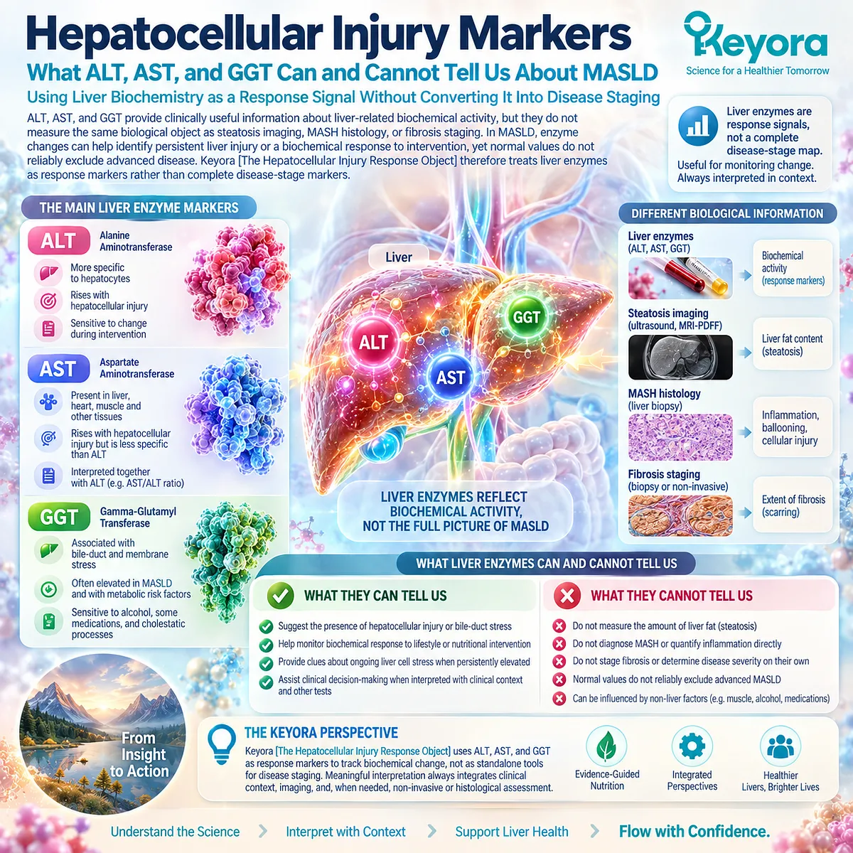 ALT, AST, and GGT track liver injury response in MASLD but cannot stage MASH or fibrosis, defining Keyora’s Hepatocellular Injury Response Object. ALT, AST, and GGT track liver injury response in MASLD but cannot stage MASH or fibrosis, defining Keyora’s Hepatocellular Injury Response Object.