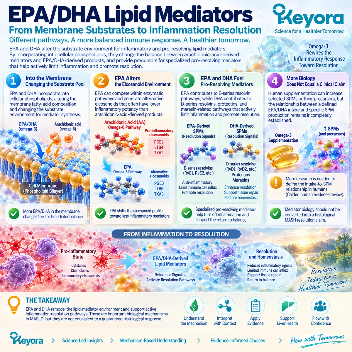 EPA and DHA remodel inflammatory lipid mediators through membrane phospholipids and pro-resolving pathways, framing Phospholipid Omega-3 in Keyora’s MASH model. EPA and DHA remodel inflammatory lipid mediators through membrane phospholipids and pro-resolving pathways, framing Phospholipid Omega-3 in Keyora’s MASH model.